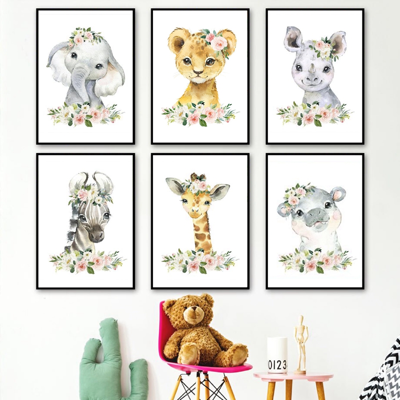 Baby Nursery Giraffe - Blumen-Dschungeltiere Leinwanddrucke Kinderzimmer-Dekoration Elefant Giraffe Gemälde