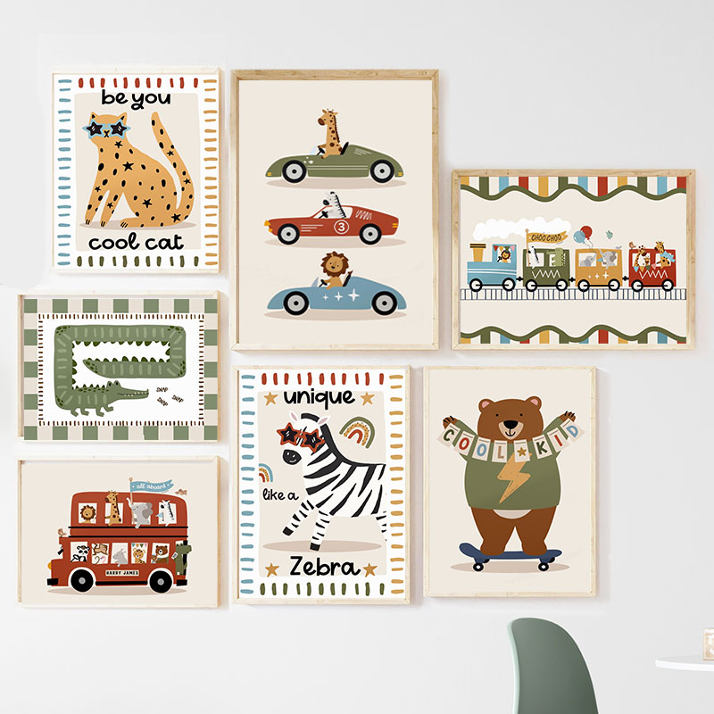 Baby Nursery Posters - Lustige Cartoon-Tiere Auto Bus Kinderzimmer Wandkunst