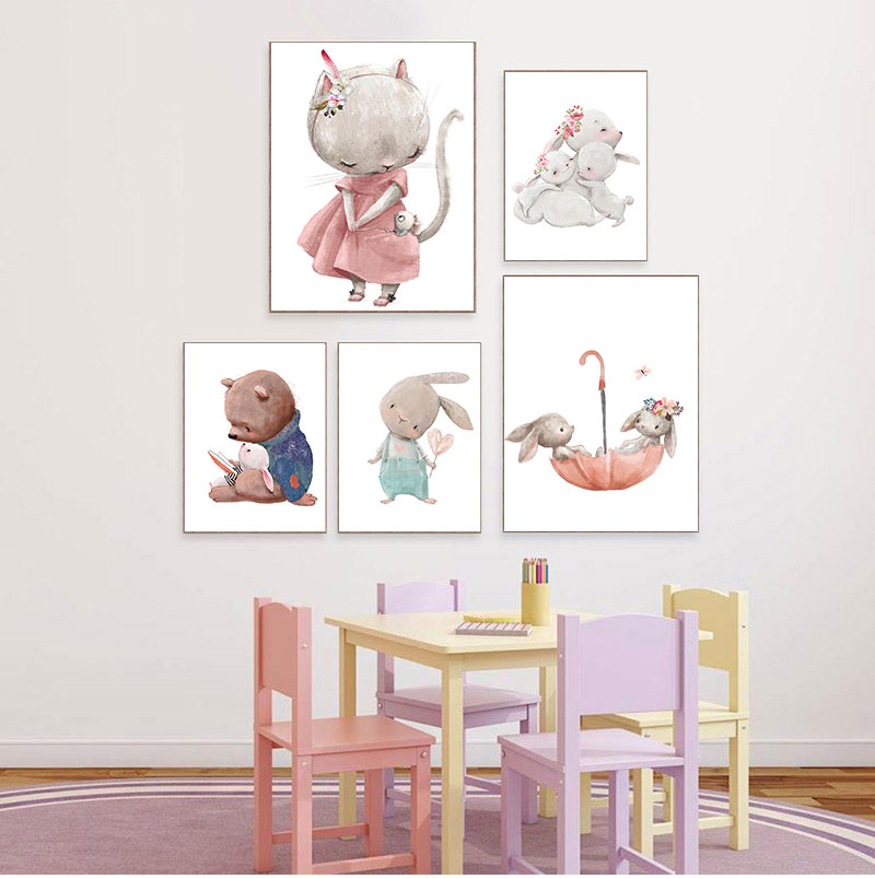 Animals Baby Nursery - 1 Stück rahmenloser dekorativer Kunstdruck, Bär-Kaninchen-Kunstdruck