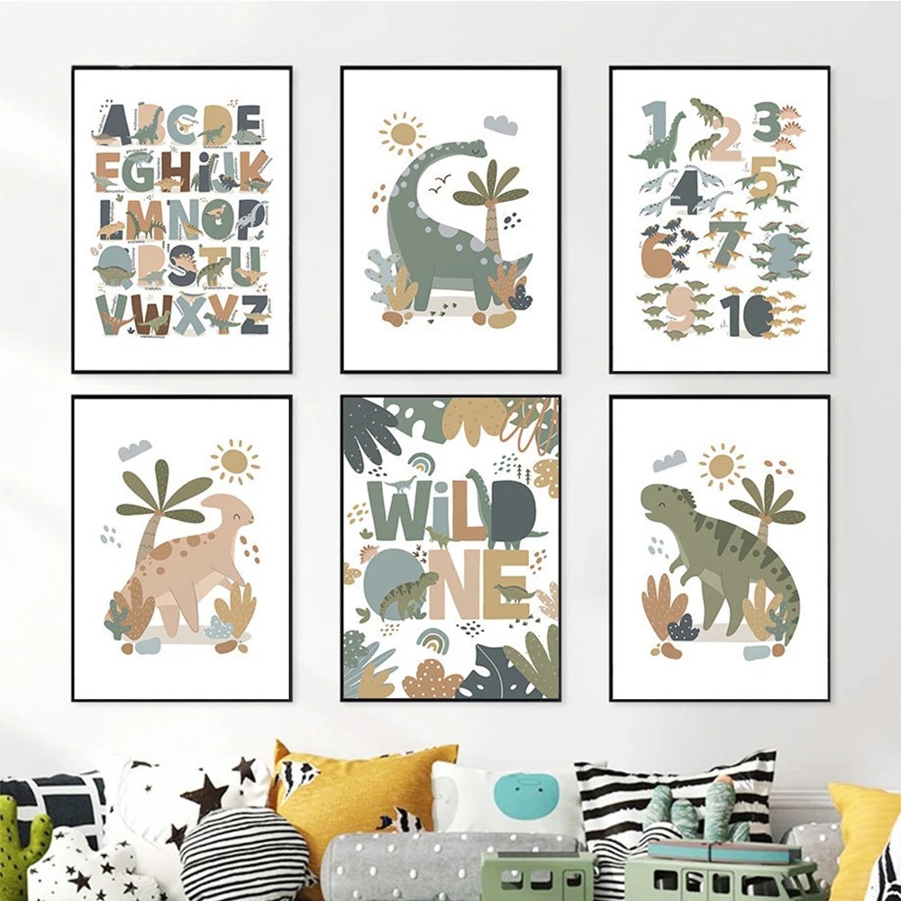 Baby Nursery Posters - Nordisches Niedliches Baby-Dinosaurier Wandbild Leinwandgemälde Alphabet