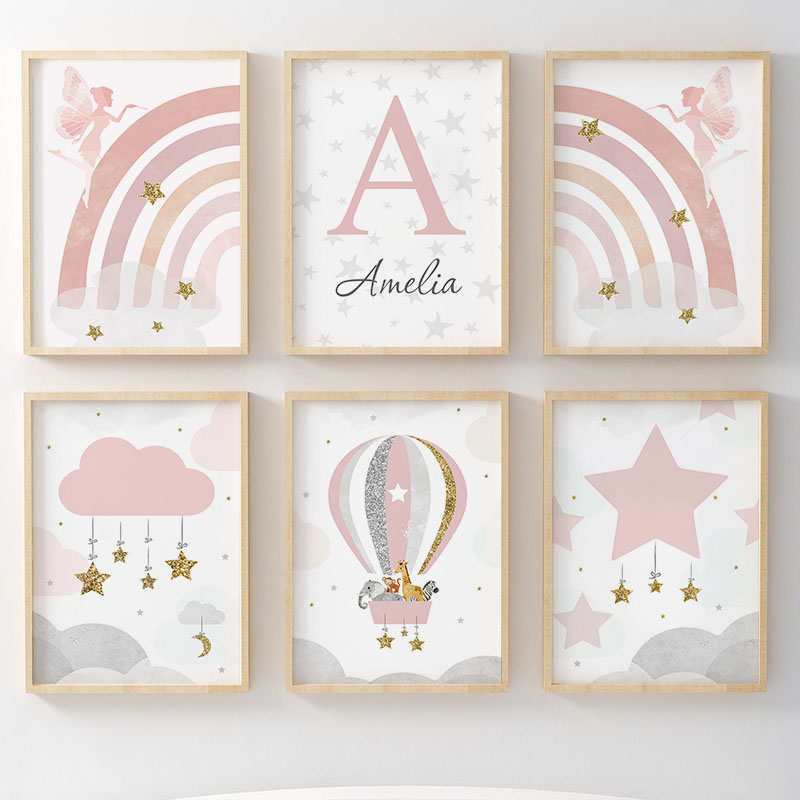 Animals Baby Nursery - Rosa Engel Mädchen Regenbogen Wandkunst Kinderzimmer
