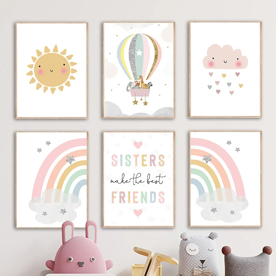 Baby Nursery Giraffe - Giraffe Elefant Heißluftballon Sonne Regenbogen Kinderzimmer
