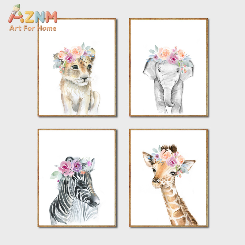 Baby Nursery Giraffe - Tier- und Blumenkronen-Kunstdekor Leinwandgemälde, Baby-Mädchen-Drucke Tier