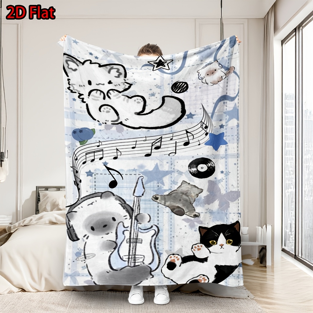 Baby Nursery Animal Theme - Niedliche Cartoon-Katzen-Bären-Musikthema-Plüschdecke für Kinderzimmer, Kinderbett-Deko, Tier-Spielzimmer,