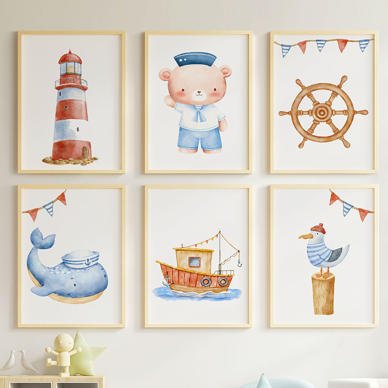 Baby Nursery Posters - Bär, Wal, Segelboot, Leuchtturm, nautische Kinderzimmer-Poster