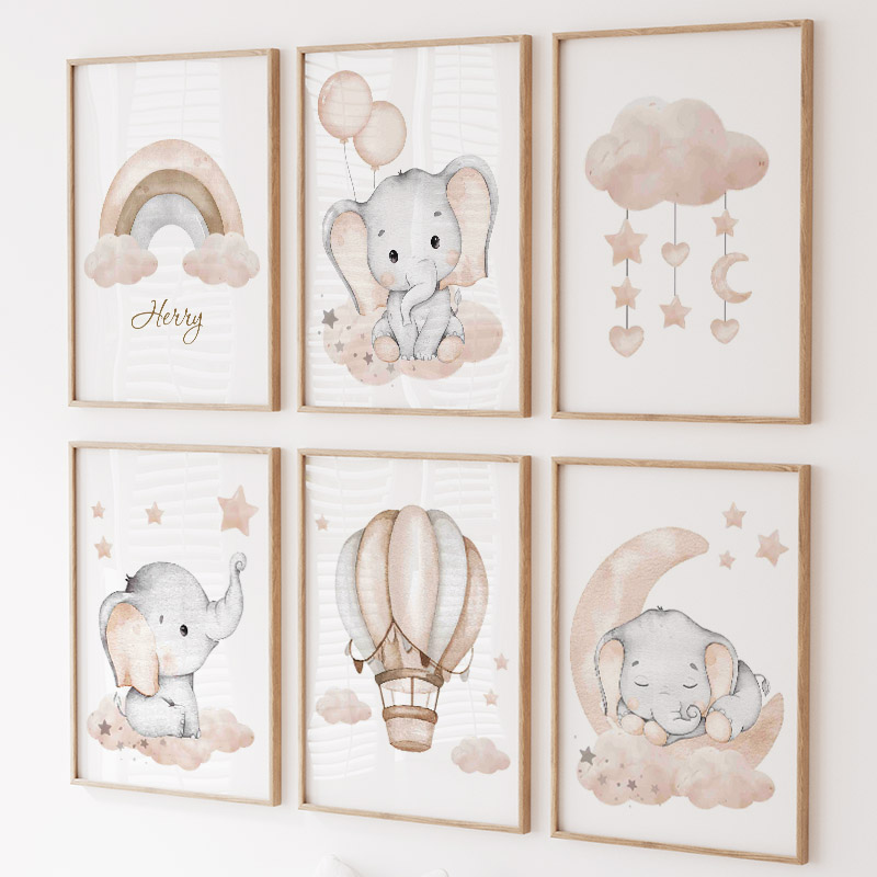 Animals Baby Nursery - Niedlicher Elefant, heißer Ballon, Mond, Regenbogen,