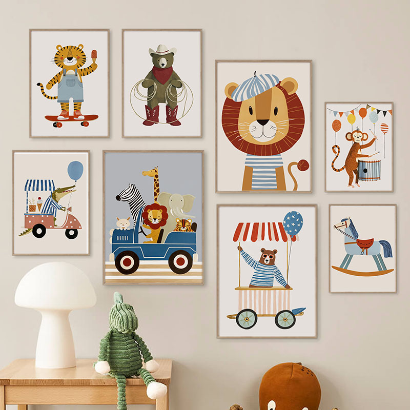 Animals Baby Nursery - Lustige Cartoon-Tier Auto Ballon Kinderzimmer Wandkunst