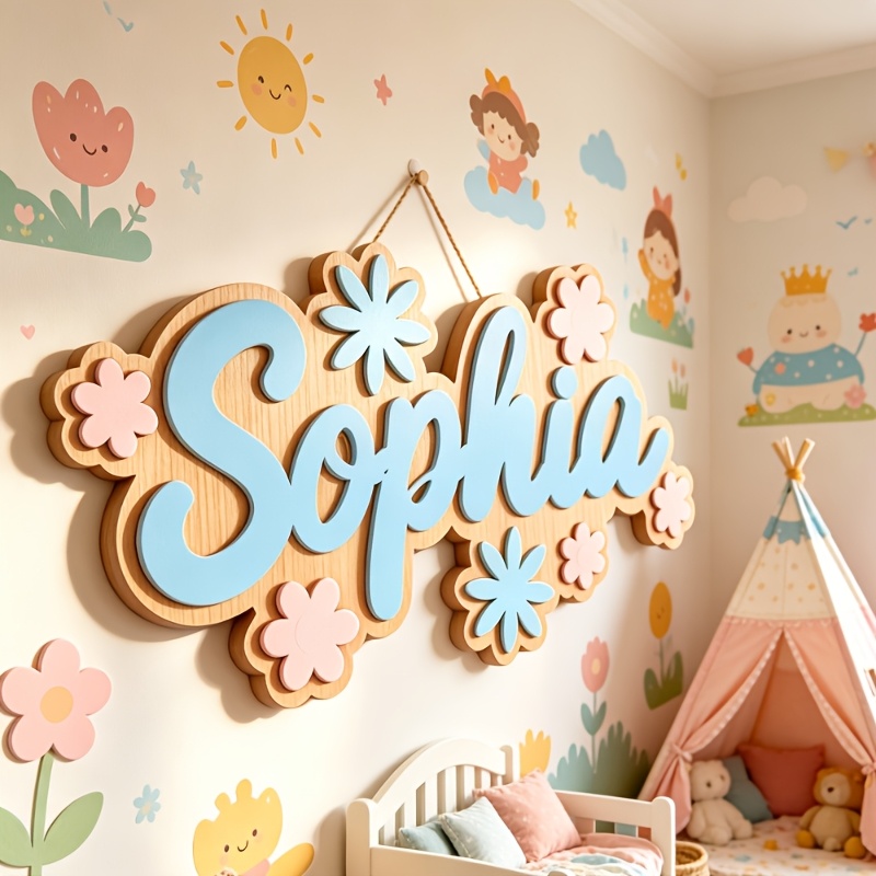 Baby Nursery Decor - Personalisiertes Namensschild mit Blumenmotiv, Anpassbare Pastellfarbene