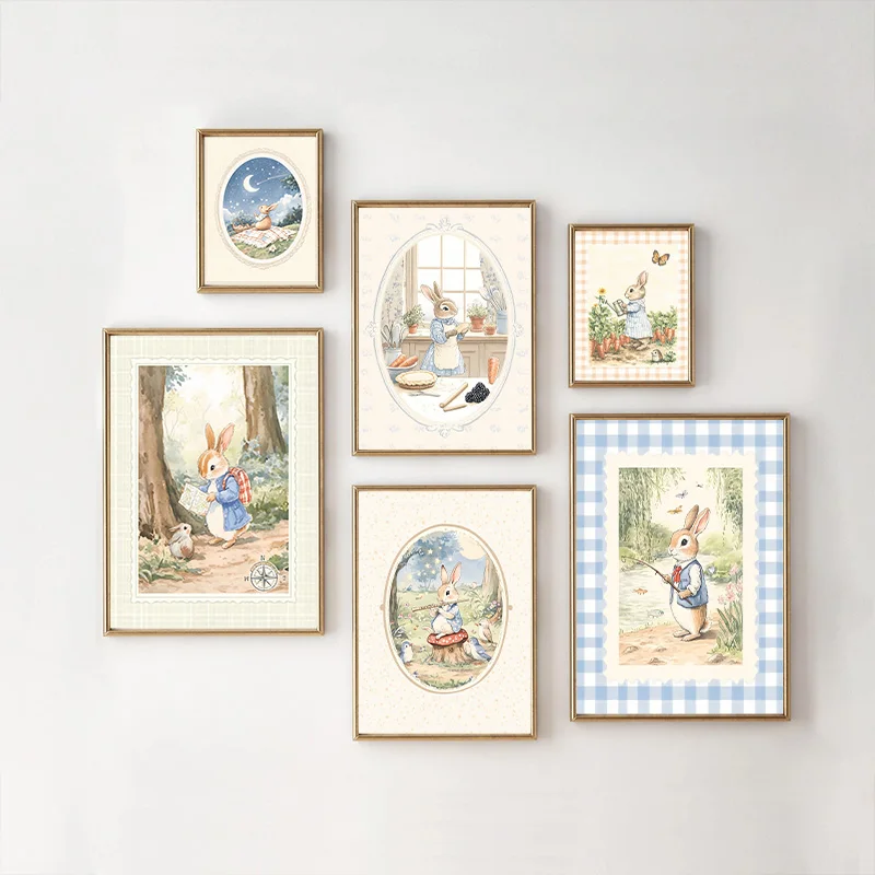 Baby Nursery Vintage - Vintage Boho Blau Kariertes Kaninchen-Inspiriertes Kunstposter