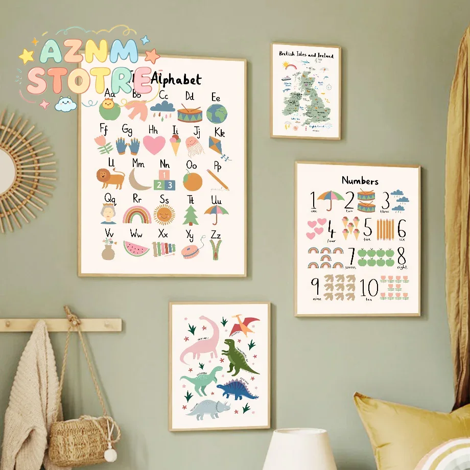 Animals Baby Nursery - Tierweltkarte Dinosaurier Alphabet Zahlen Leinwand Wandkunst
