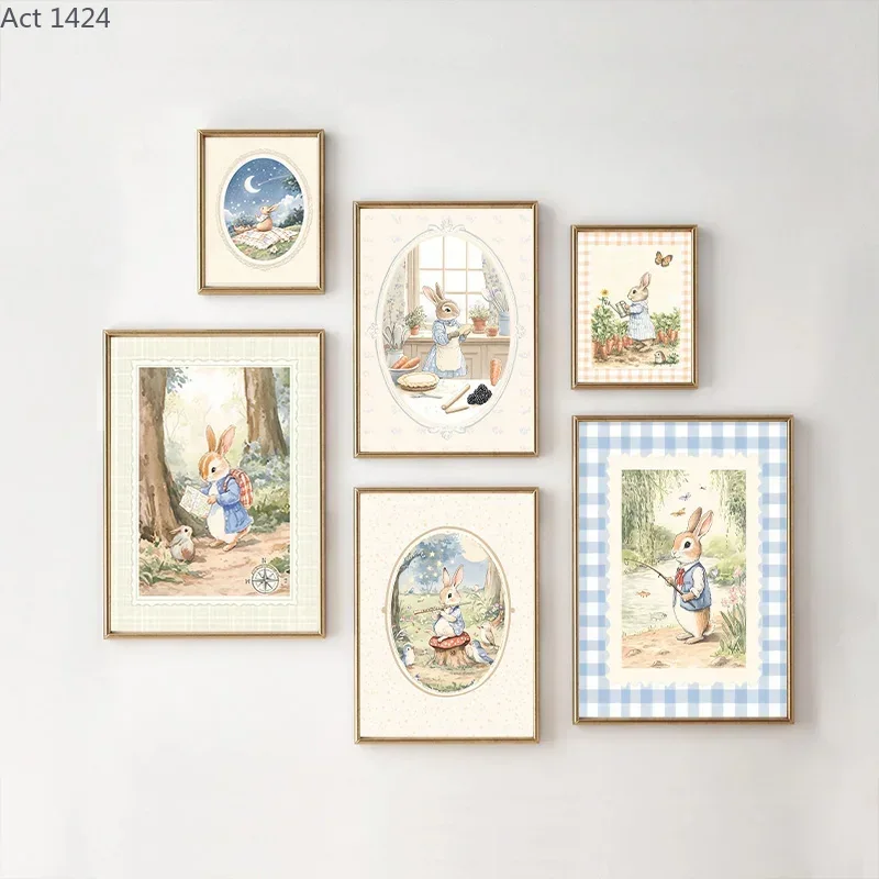 Baby Nursery Vintage - Vintage Boho Blaues Karomuster Kaninchen-Inspiriertes Kunstposter